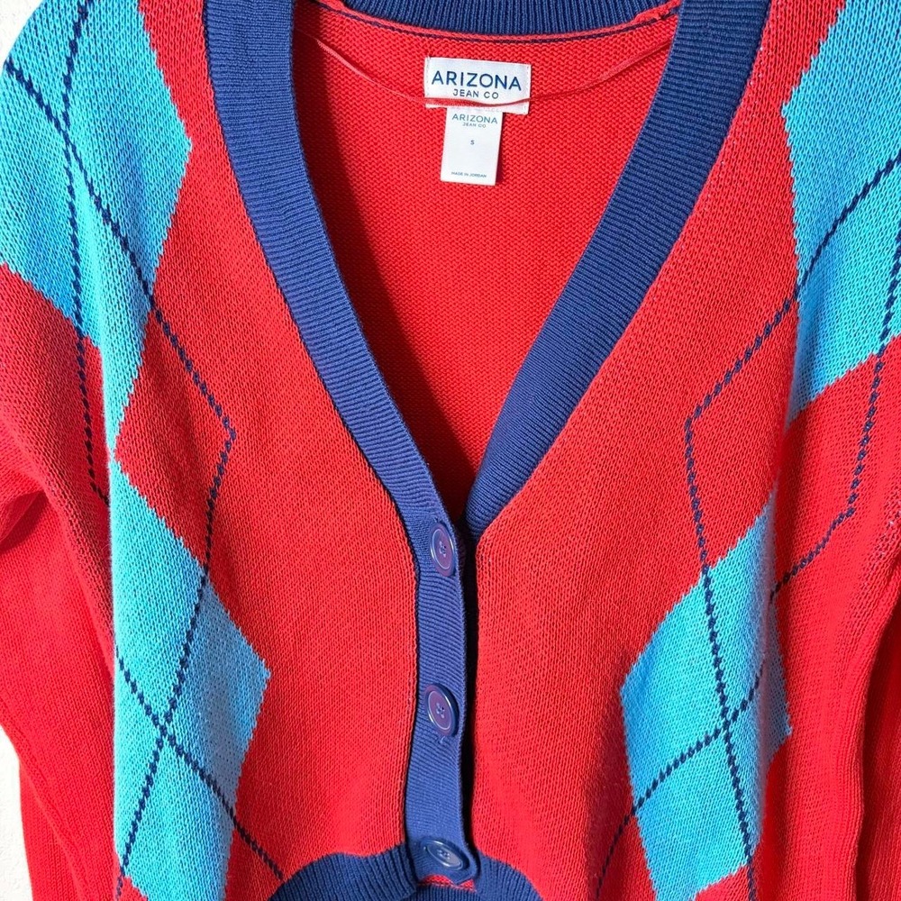 Arizona Red Argyle Cropped V-Neck Cardigan Sweater Size S Preppy Academic - Picture 5 of 8
